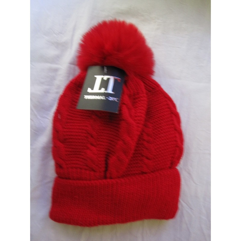 NEW Thermal -20C Winter Knit Hat Beanie Tuk Insulated Red Adult Pom‎ Pom